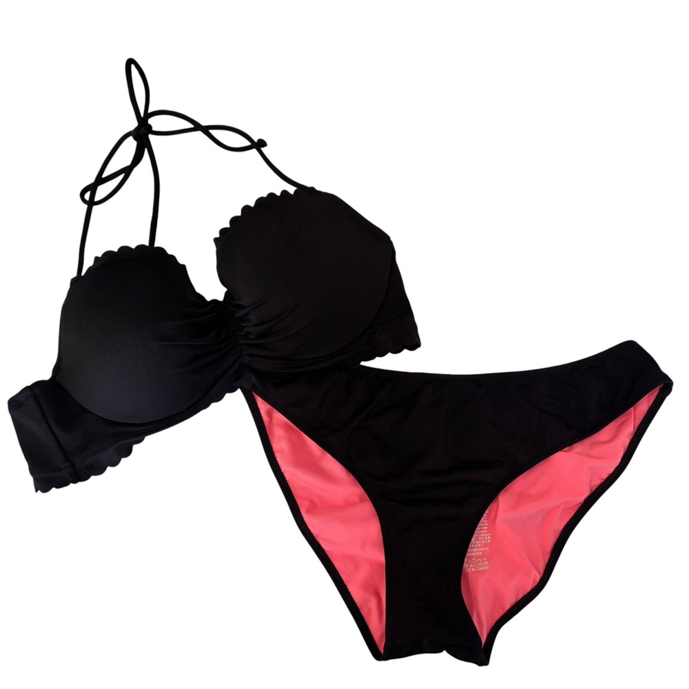 Victoria's Secret PINK Black Scalloped Push Up Bikini Set 36B Top Medium Bottom